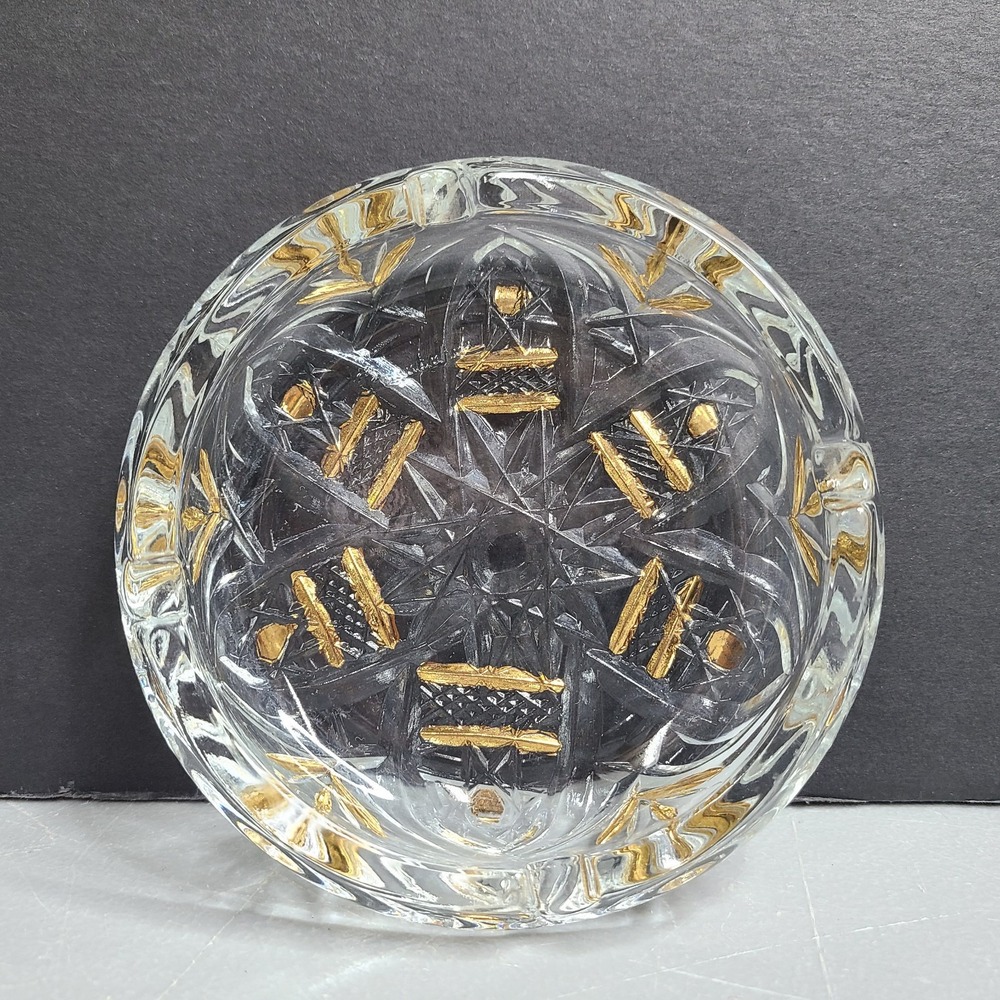 Pasabahce 5" Round Crystal Ashtray With Gold‎ Trim Vintage